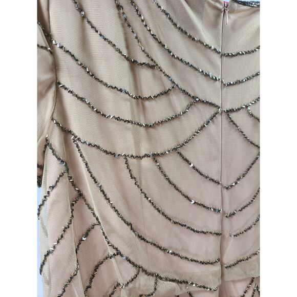 Adrianna Papell Peach Nude Sequin Beaded Art Deco Godet Hem Maxi Dress Gown 14P - Picture 9 of 9